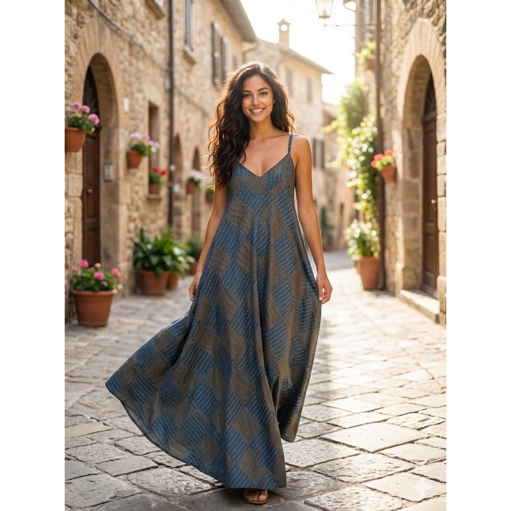 Block Prints qualityMaxi Sun Dress Spaghetti Strap with Pockets - Picture 1 of 13